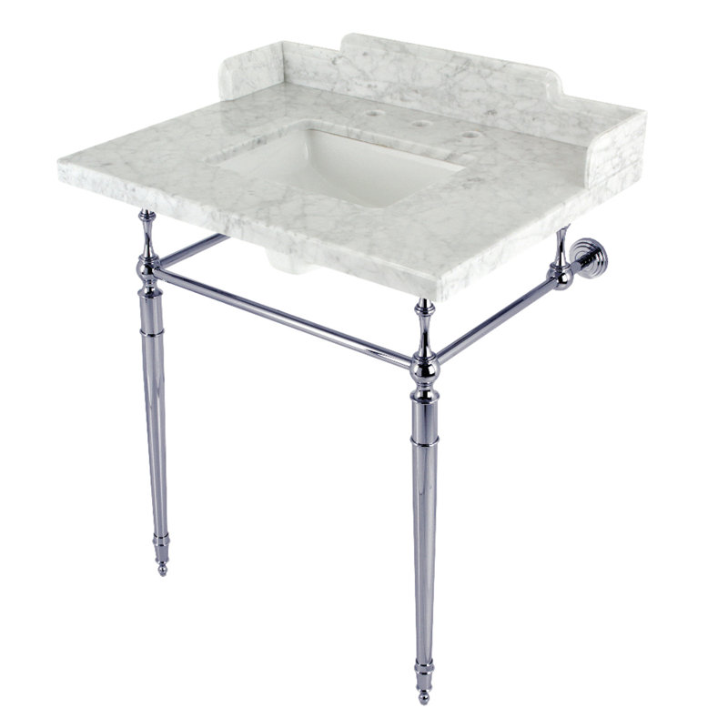 Kingston Brass Habsburg 30-Inch Carrara Marble Console Sink with Brass Legs (8-Inch, 3-Hole), Marble White/Polished Chrome