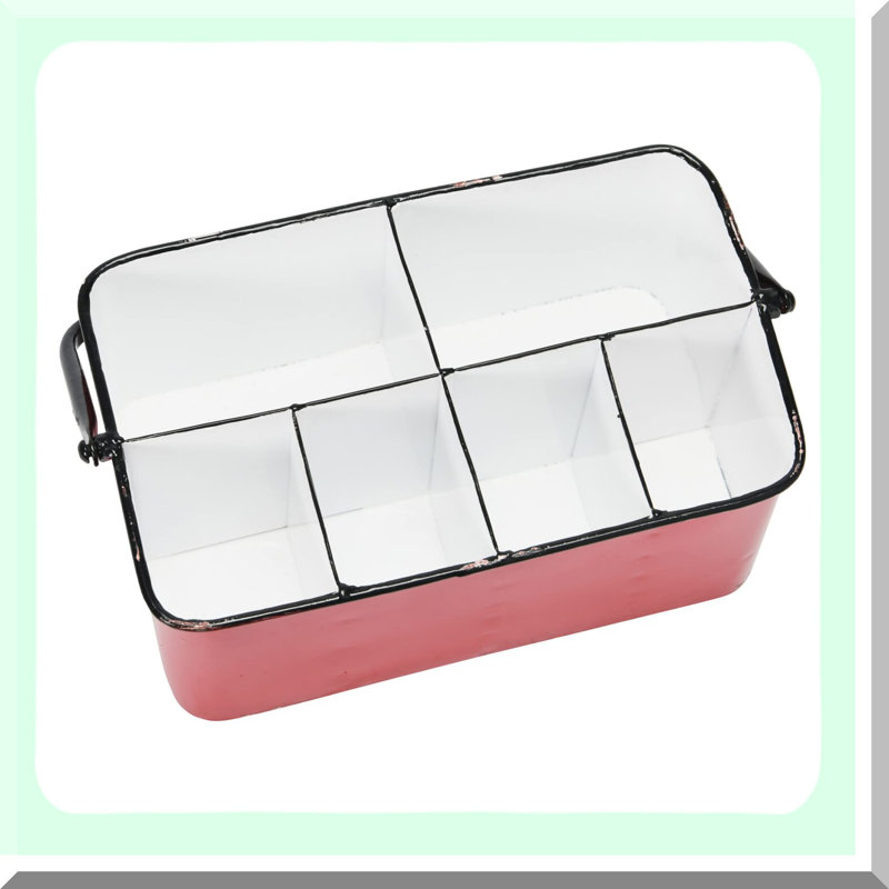 Rustic Red & White Farmhouse Metal Storage Caddy - 6 Compartment Organizer with Handle