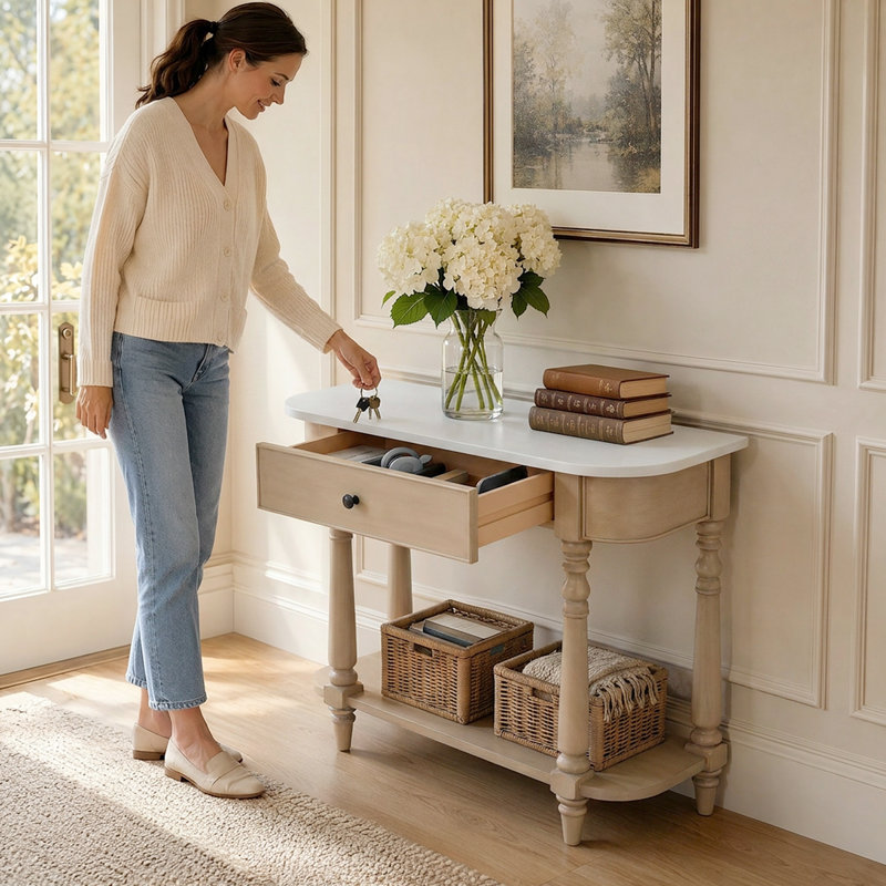 Console d'entrée classique avec pieds fuselés et espace de rangement Classic, Bois beige / bois jaune clair