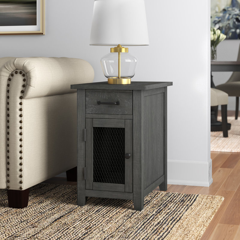 Jakendra Solid Wood End Table with Storage and Built-In Outlets, Grey