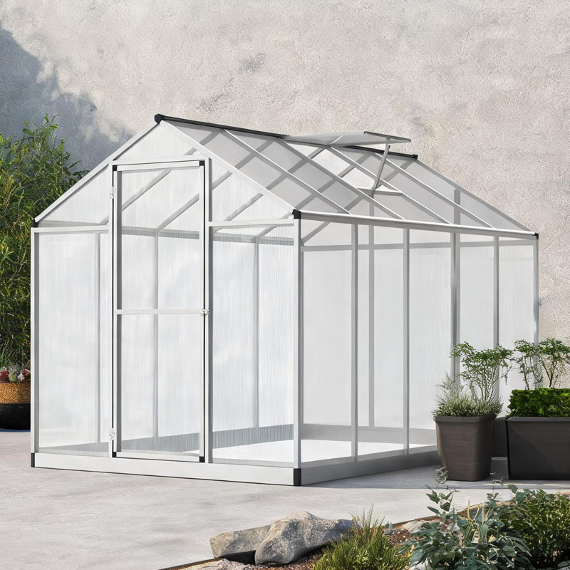 Serre de plain-pied avec cadre en aluminium et panneaux en polycarbonate argenté, 10 pi x 6 pi, Silver, 6' W x 10' D