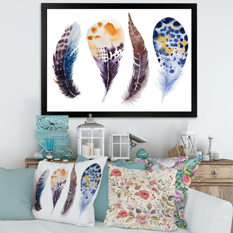 Ensemble de plumes colorées Boho - peinture sur toile encadrée, H 12 po x l 20 po x p 1 po, Cadre noir