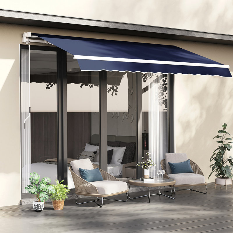 Auvent de jardin rétractable 10 pi x 8 pi - bleu et auvent - avec cadre en aluminium et manivelle pour patio, terrasse, tissu de balcon,