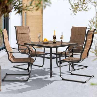 5pcs Patio Dining Set With Faux Wood Top, Padded PVC-coated polyester C-spring Chairs