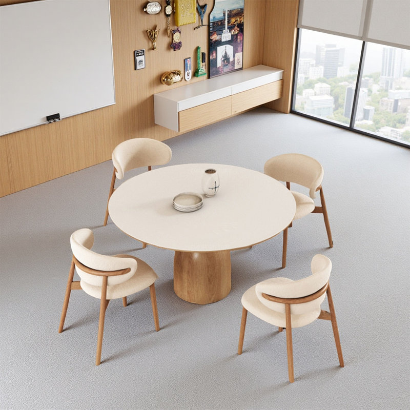 Table de conférence ronde avec plateau en ardoise blanche et base en bois massif, H 29,53 po x L 47,24 po x l 47,24 po