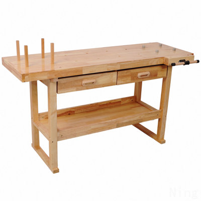 60" Professional Rubberwood Solid Wood Workbench-2 Drawers, Open Shelf, Natural Finish For Garage, Woodworking Carpenter Workshop & Home Use