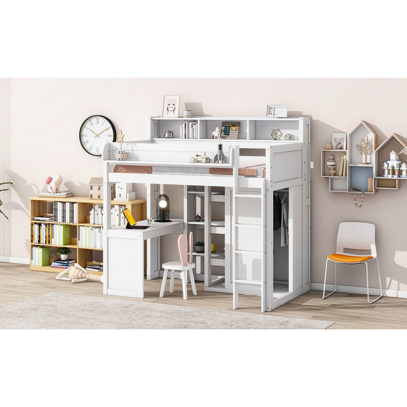 Lit mezzanine simple avec mesures et rangement multiple, grand espace de rangement blanc, Blanc