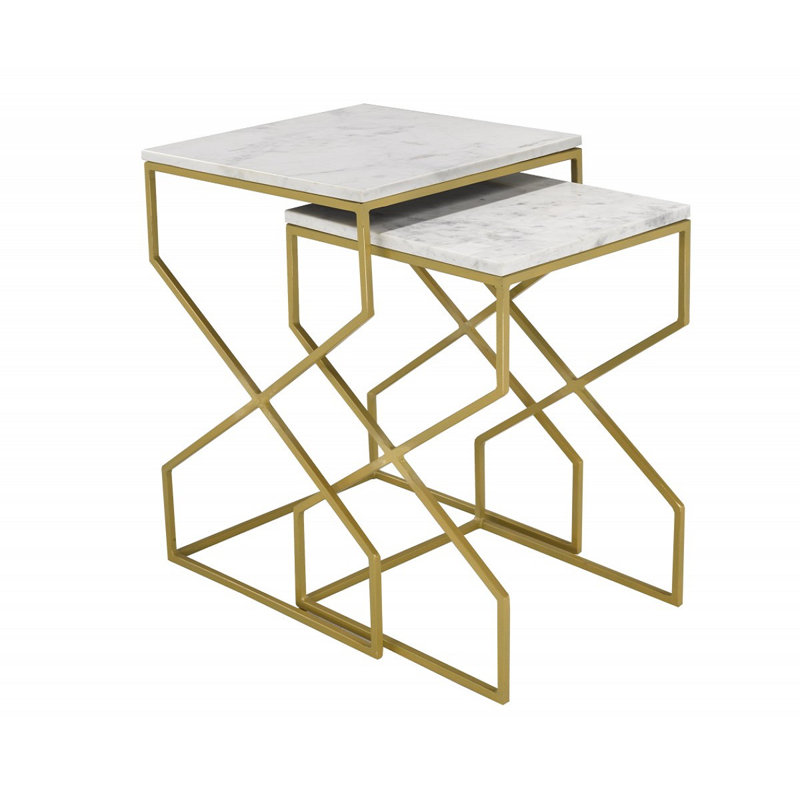 2 Piece Nesting Table Set, White/Gold