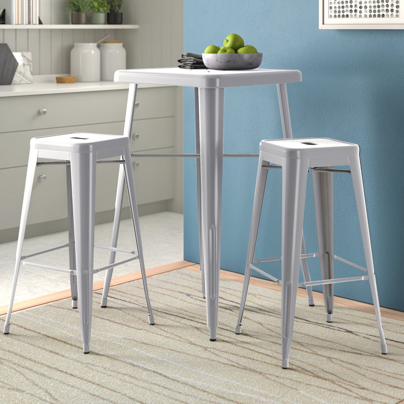 Gyeong 23.75'' Square Metal Indoor-Outdoor Bar Table Set with 2 Square Seat Stools, Silver