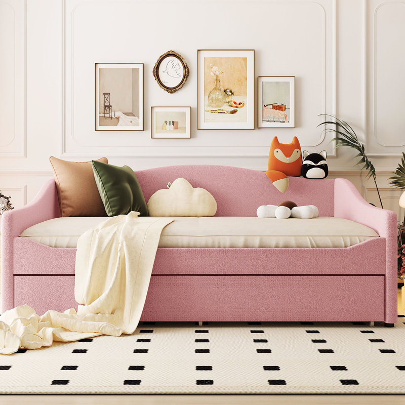 Full Upholstered Daybed With Pink Fleece And Movable Trundle - Flexible Setup For A Peaceful Bedroom Calming Atmosphere, Full