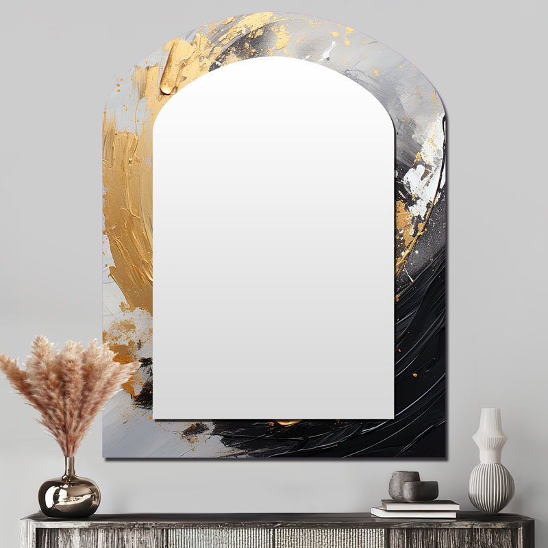 Yin Yang au-delà de la dualité abstrait or et noir II - peinture abstraite arche miroir décoratif, miroir mural asymétrique moderne, art imprimé en métal