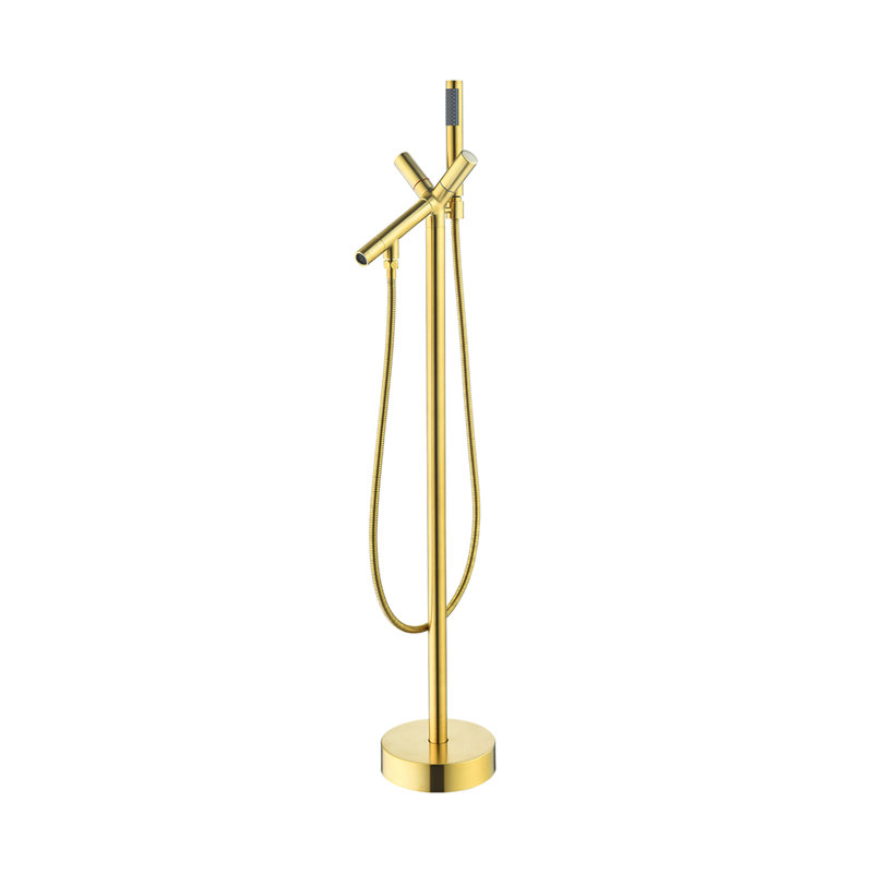 Brulon 2 Handle Floor Roman Tub Faucet with Diverter, Brushed Gold