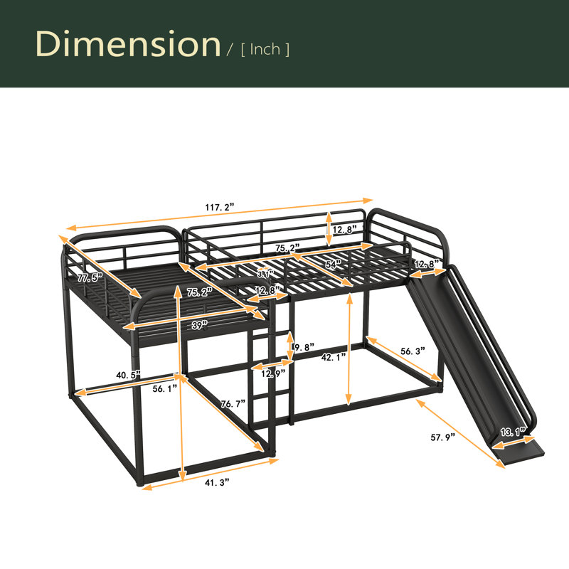 Lit superposé en L pour lit double et simple avec glissière et échelle courte, Noir
