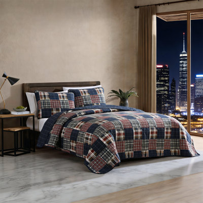 King Cotton Reversible Quilt Set With Shams - Madrona Navy/Red, Luxurious