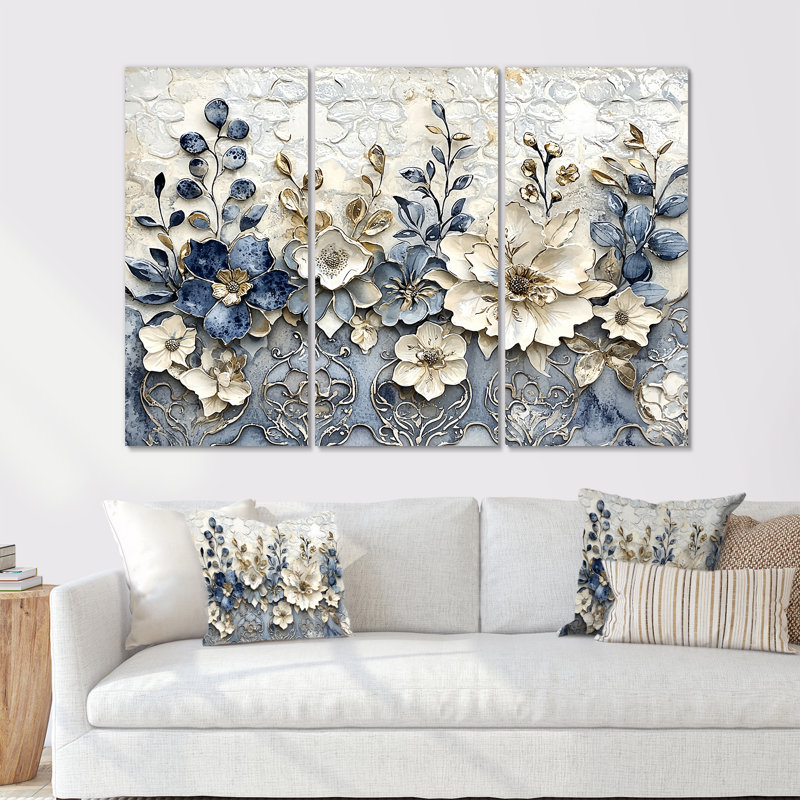 «White and Blue Floral Abstract Tiles II», ensemble d'art mural fleurs, H 28 po x l 36 po x P 1 po, Toile tendue