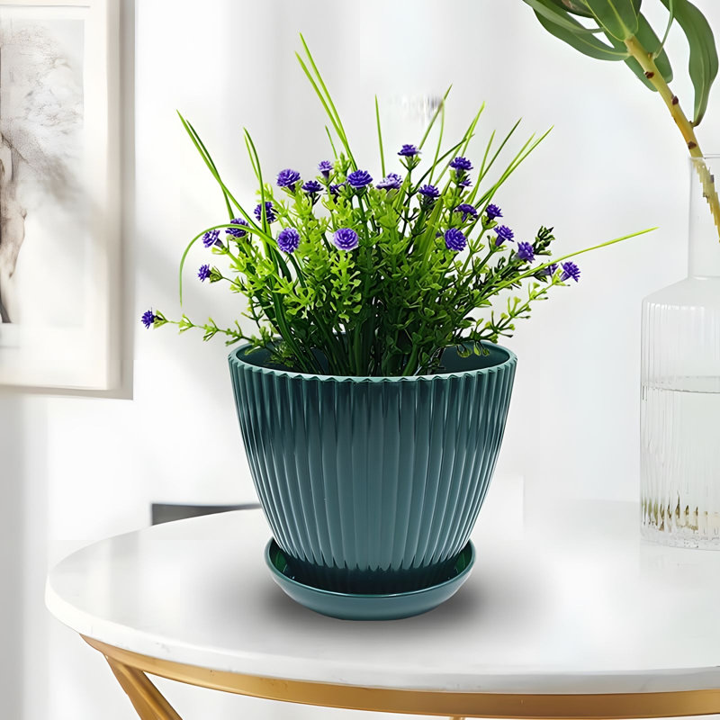 Dark Blue Ribbed Plastic Planter Set with Saucers - 6 Pieces