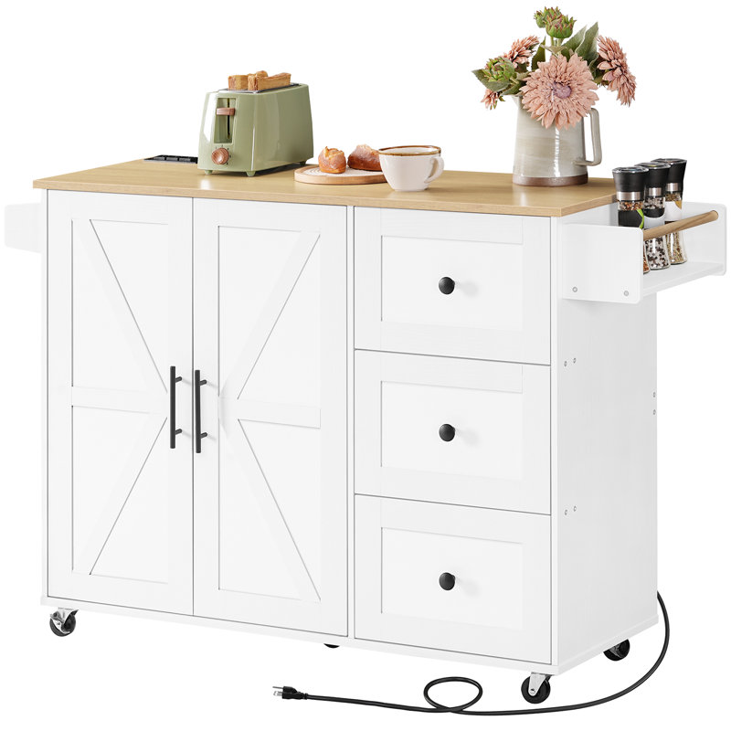 Mayrani 43" Rolling  Kitchen Island with Storage and Power Outlet, Natural/White