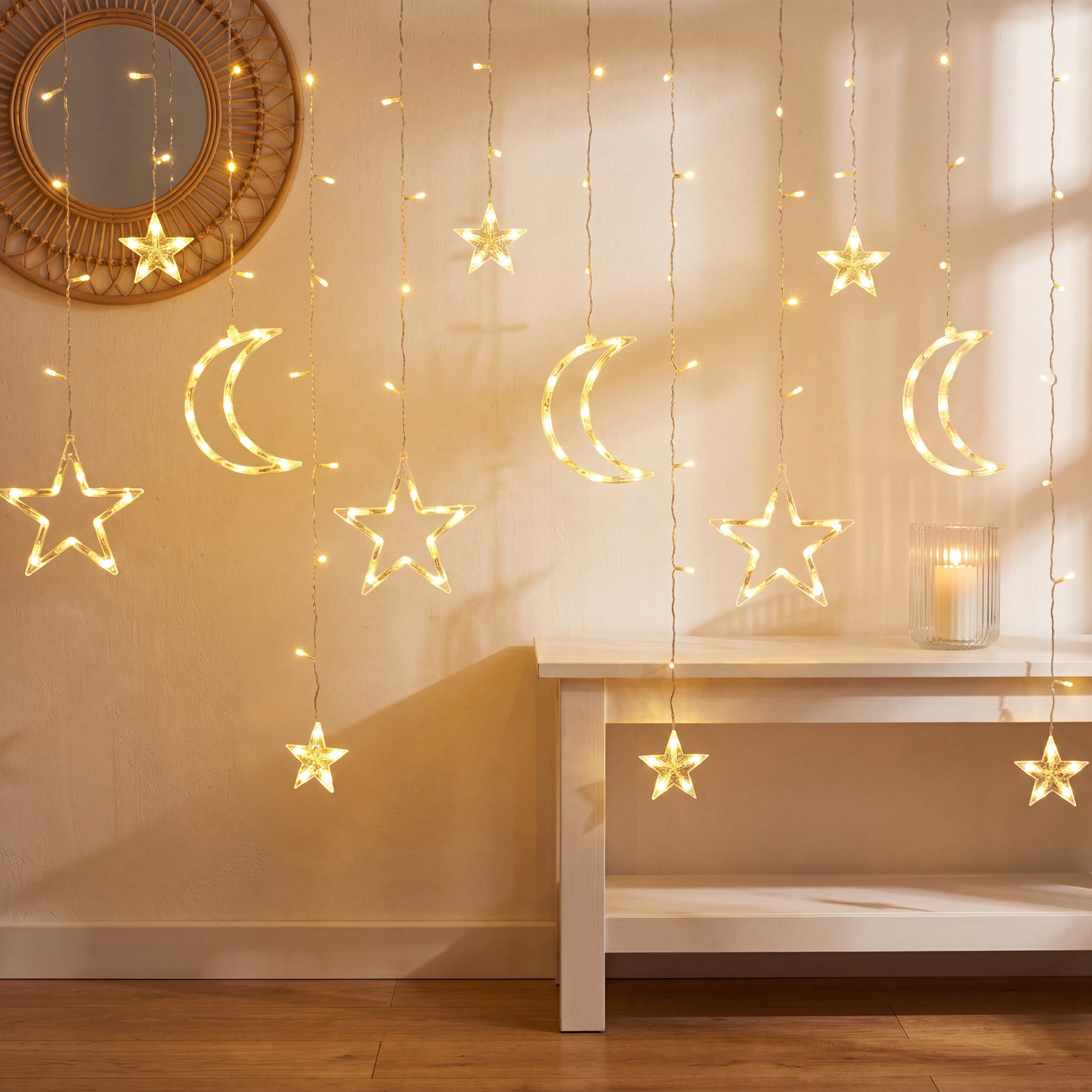 Moon and Star Window LED Icicle Lights, Beige