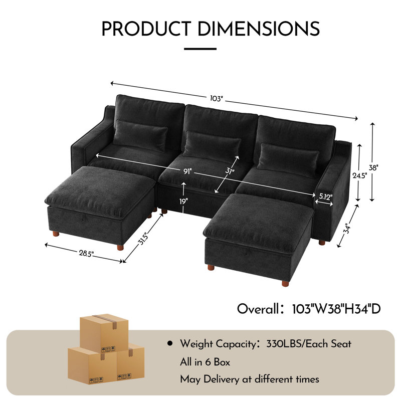 Canapé modulaire 103 po 103 po, Chenille noir, H 38 po x l 103 po x P 34 po