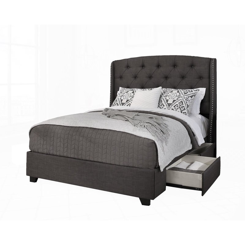 Riffat Upholstered Metal Wingback Storage Bed, California King, 4 Drawers, Gray