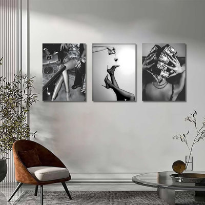 Fashionable Black And White Wall Art Featuring A Stylish Woman With Money Curlers High Heels And A Red Wine Glass Retro Poster Print For Bedroom Living Room Dining Room Or Bar Wall Decor 16X12 Inch