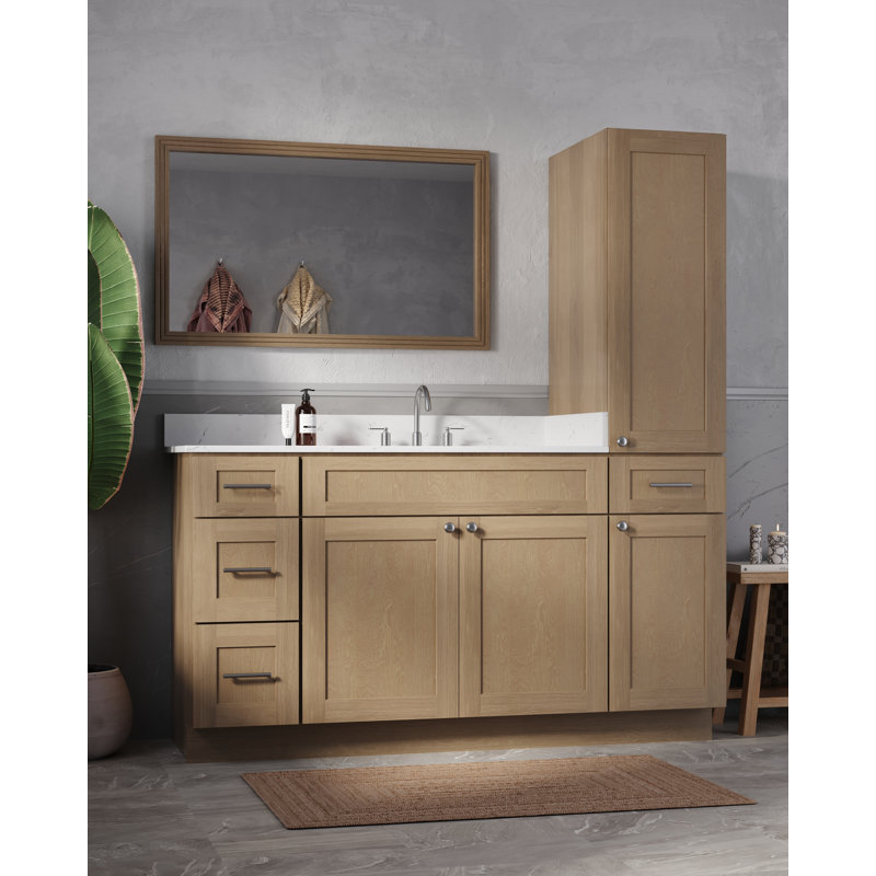 Disar 63'' Single Bathroom Vanity With Right Linen Tall Cabinet Dovetail Solid Wood Drawer Carrara Quartz Top, Natural Oak