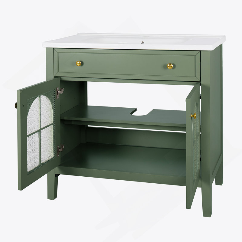 Meuble-lavabo autoportant avec tablette de rangement, Vert