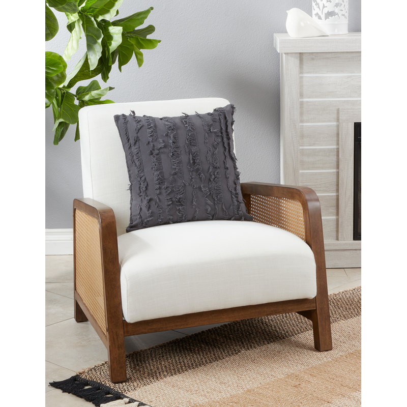 White Cotton Linen Fringe Stripe Throw Pillow