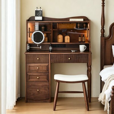 Coiffeuse vintage en noyer de 100 cm (39,37 po) avec armoire à tiroirs, armoire de rangement vitrée antipoussière et tabouret de coiffeuse