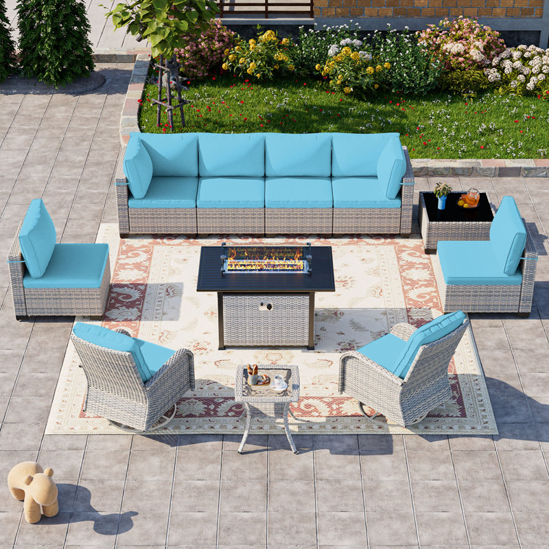 11-Piece Patio Furniture Set, Outdoor Patio Furniture with 55,000 BTU Fire Pit Table, Swivel Chairs Set, Thick Cushions, Modular Patio Sofa, Dual-Strand Wicker Rattan, Rust-Resistant Frame