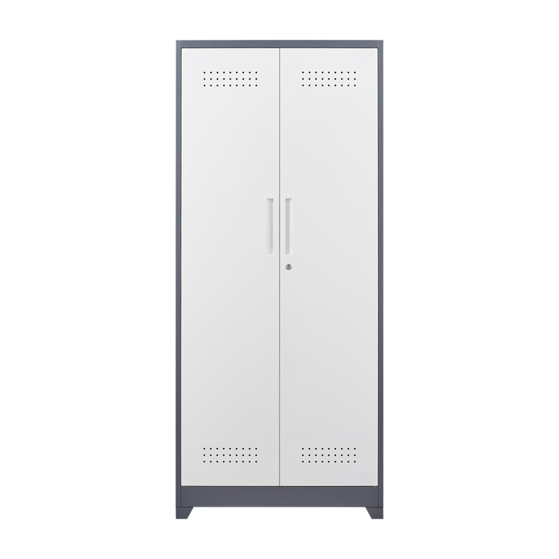 Metal Lockers, Cleaning Tool Cabinet With Locking Doors, High Broom Tool Storage Cabinet, Gray/White