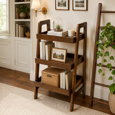 100% Solid Wood Ladder Shelf, 3 Tier Small Ladder Bookshelf, Freestanding Ladder Shelf with Open Storage, Side Table for Living Room, Bedroom, Study, Home Office, Saving Space, Walnut