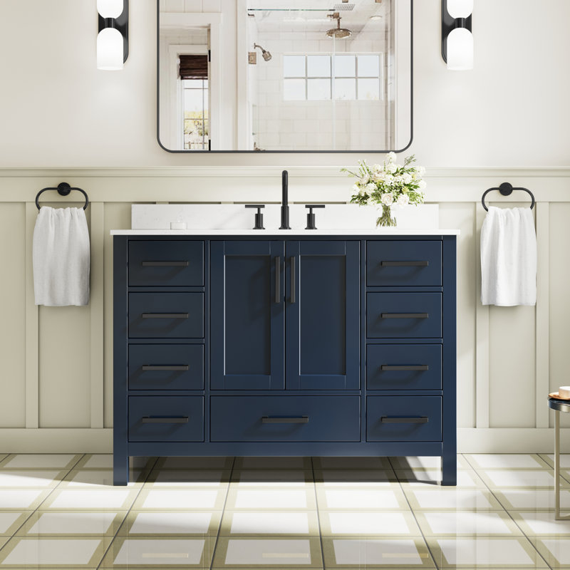 Freestanding 48" W x 35" H Solid Wood Bathroom Vanity With Carrara White Cultured Marble Countertop And Ceramic Single Sink,Navy Blue