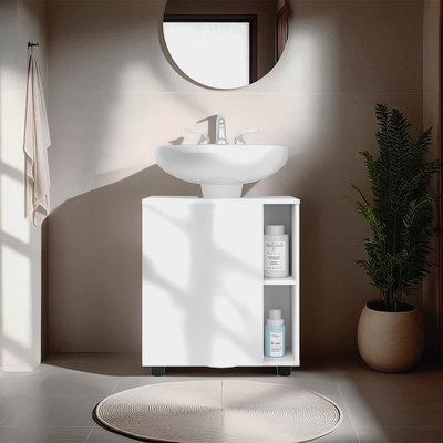 Pascuale Two Side Shelves Under Sink Cabinet With One Doors, Cut-Out Back, Compact 22 Freestanging Bathroom Storage, White