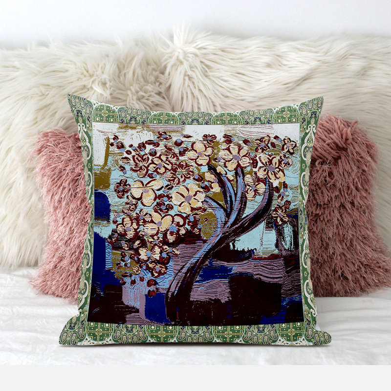Housse et insert de coussin carré en polyester intérieur / extérieur, 20 po x 20 po, Brun / Vert / Mauve