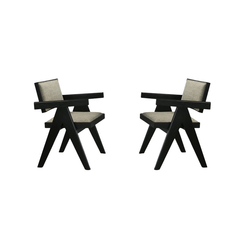 Chaises de salle à manger 2 pièces de couleur contemporaine avec accoudoirs rembourrés en tissu clair, Gris, Noir