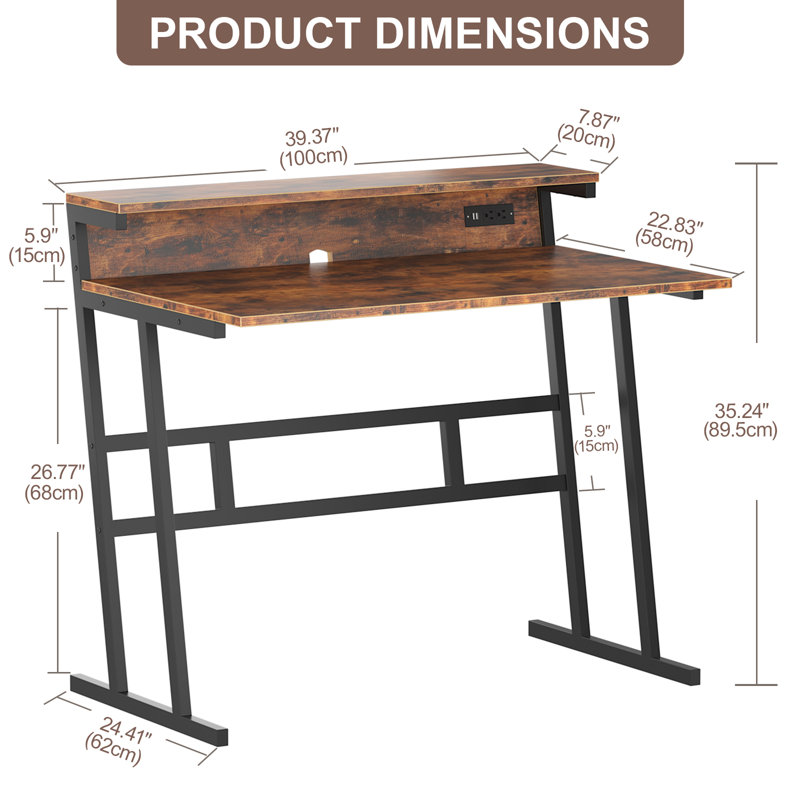 Small Computer Desk,Computer Desk with Power Outlets & Led Light,Home Office Desk with Monitor Shelf,, Brown
