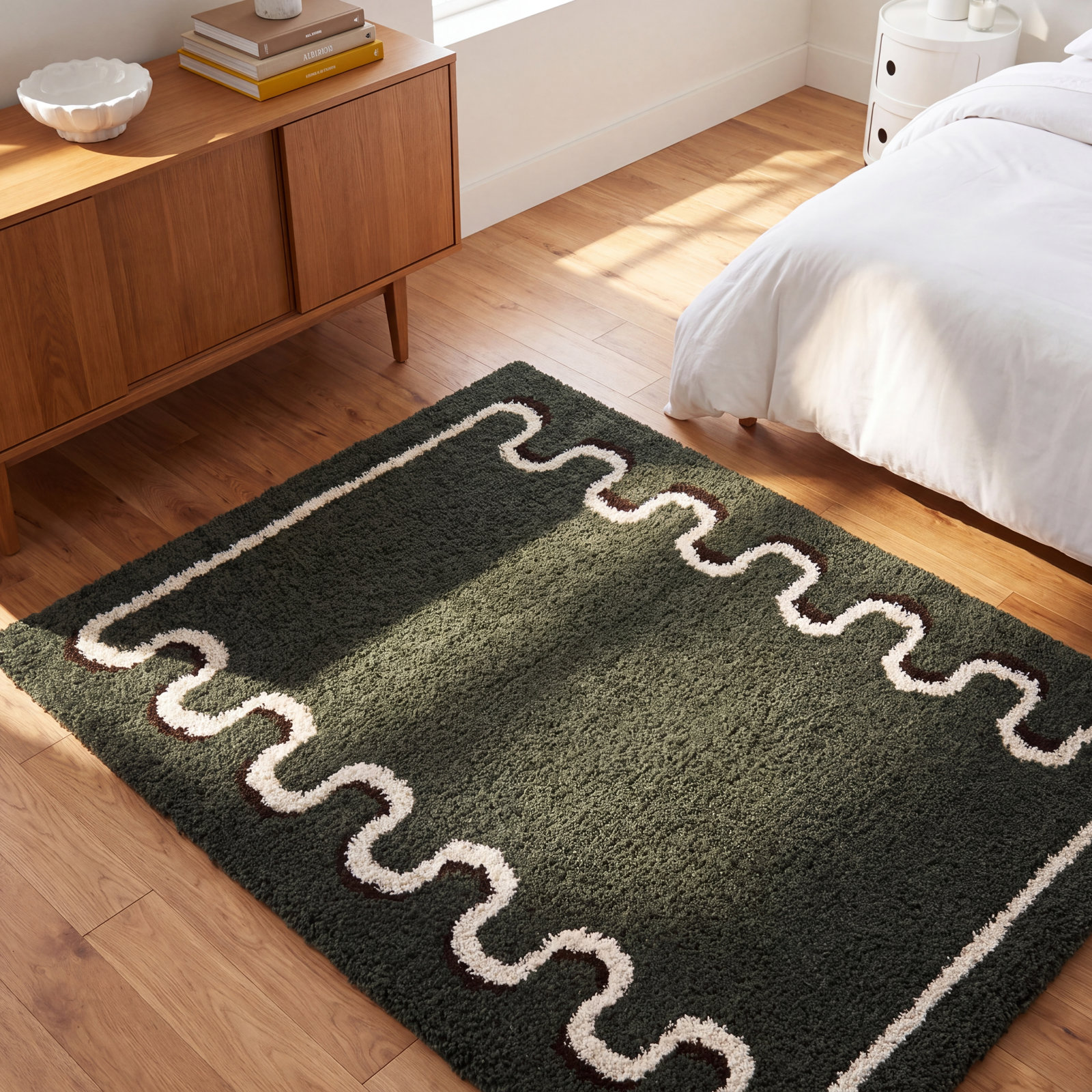 Green Border Shag Rug, Rectangle 5'3" x 6'11.9"