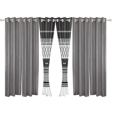 Ensemble de 6 rideaux transparents à motif tribal gris (38 x 84 po) - Microfibre filtrant la lumière avec œillets