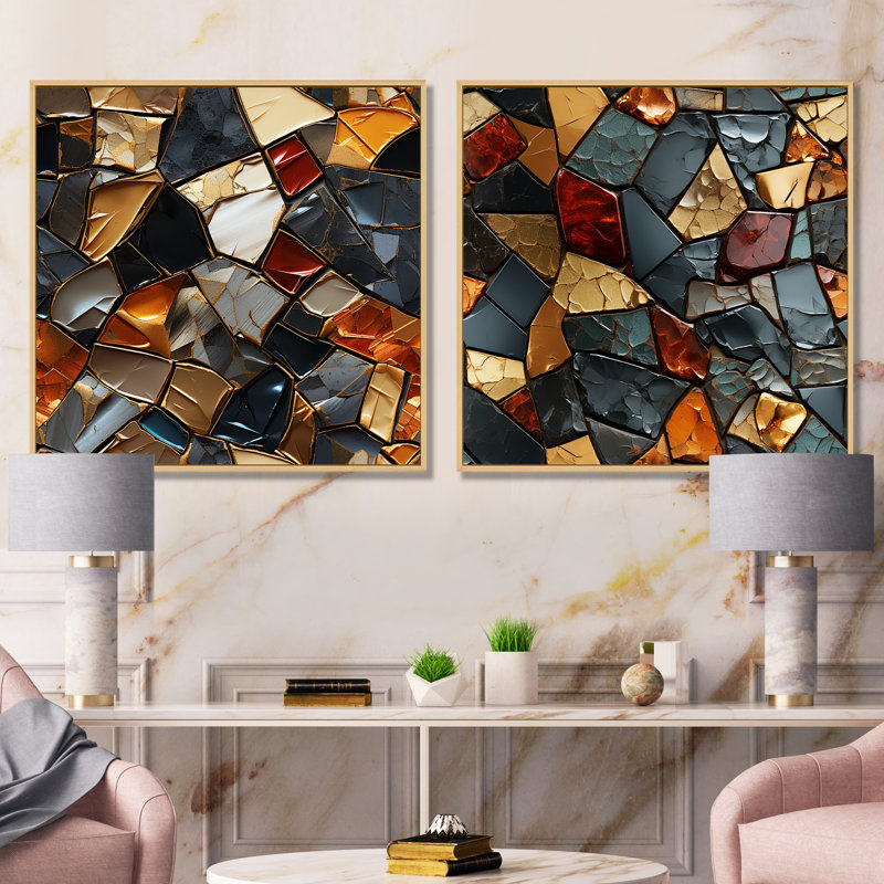 Cubic Mosaic Marble Tiles I - Ensemble de 2 impressions sur toile abstraites, Encadrement brun, H 30 po x l 61 po x P 1 po