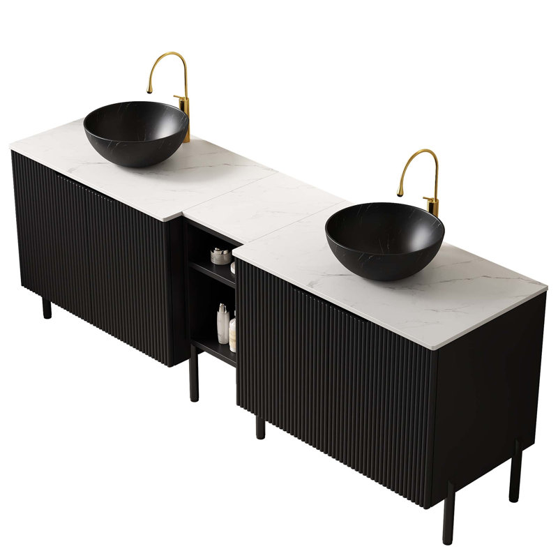72 Inch Freestanding Double Bathroom Vanity with Sinks, Striped Storage Cabinets, Open Shelf, Stone Pattern Vessel Basins, and Carrara Countertop