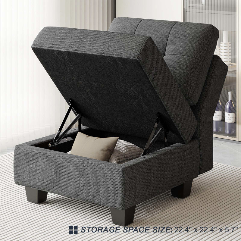 Repose-pieds rembourré en lin et velours Buckleton, Lin gris foncé