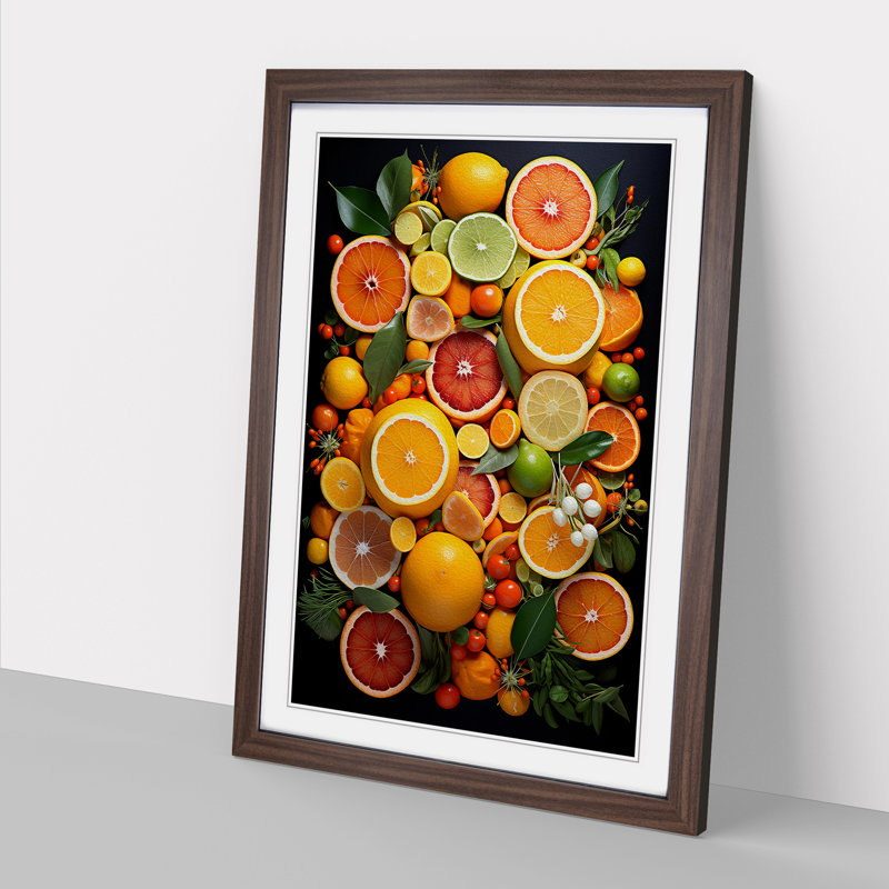 Citrus Fruits Tachisme - Single Picture Frame Print on Wood, Walnut Framed, 46cm H x 34cm W x 2cm D