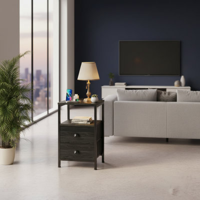 Ensemble de table de chevet double en chêne noir, avec station de charge + lumière DEL + 2 tiroirs en tissu, convenant à la fois au salon et à la chambre à coucher.