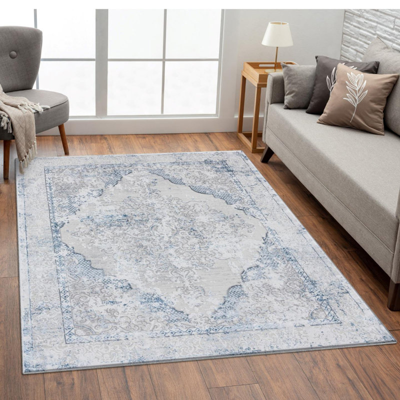 Tapis bleu / gris en polypropylène tissé à la machine Madelinerose