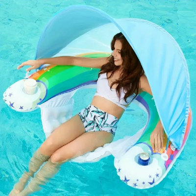 Inflatable Pool Float With Removable UPF50 Canopy - Adjustable Water Chair Lounge For Adults, 300Lb Capacity Heavy-Duty Vinyl, Built-In Cup Holders & Stable Design For Pool, Beach, Lake, Floats For Pool, Beach Lounging, Lake Relaxation, Vibrant Color Patt
