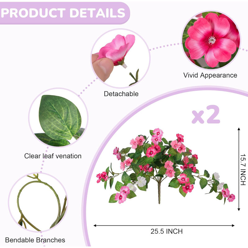 2 paquets de fleurs artificielles en soie et en plastique de qualité supérieure résistantes aux rayons UV pour la décoration extérieure - 27,5 "plantes artificielles réalistes pour la terrasse, le jardin, le porche, la boîte de fenêtre et l'aménagement paysager toute l'année