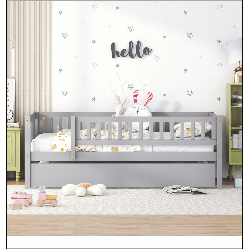 Wood Daybed with Trundle and Fence Guardrails, Grey, Twin
