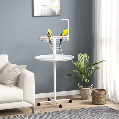 Parrot Play Stand, White - With Rolling Wheels For Smooth Movement, Perches Activity, Stainless Steel Feed Dishes, And Round Tray Stand With By Includes Perches, Bowls, Indoor Outdoor