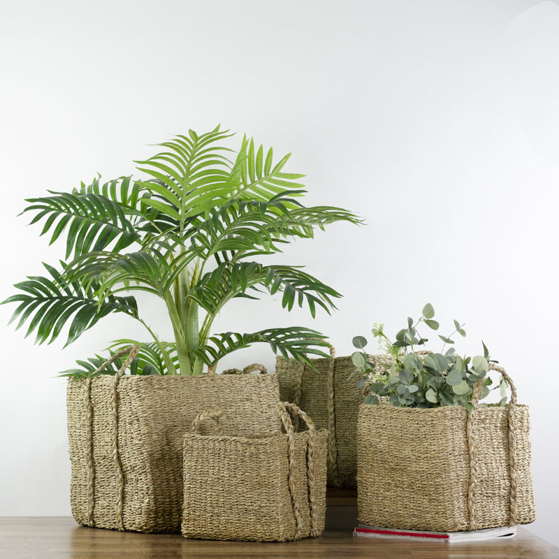 Set of 4 Rustic Beige Square Wicker Table and Floor Baskets